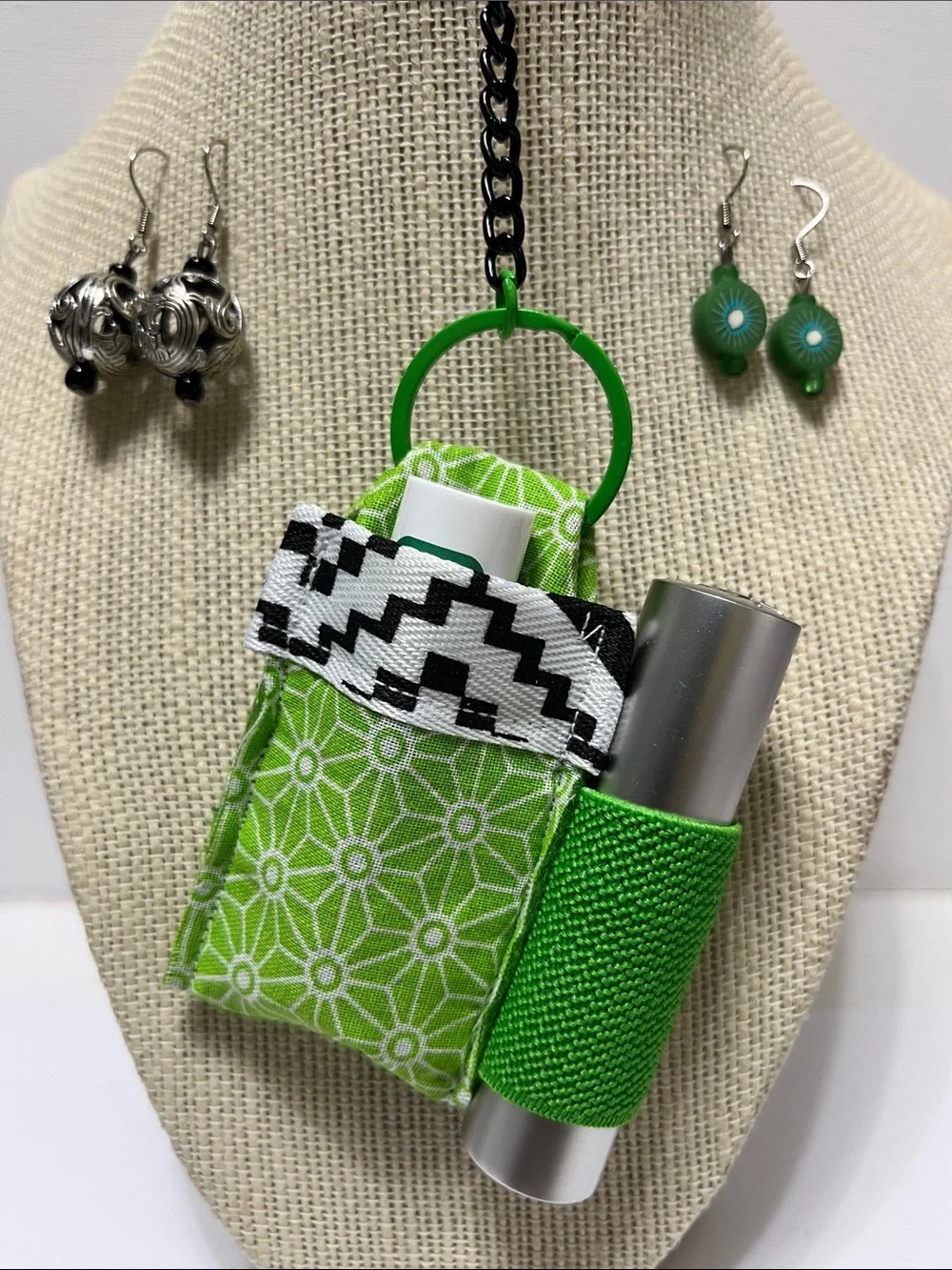 Gift Set Green Double Lip Balm Lipstick Holder Keychain 2 pr Earrings